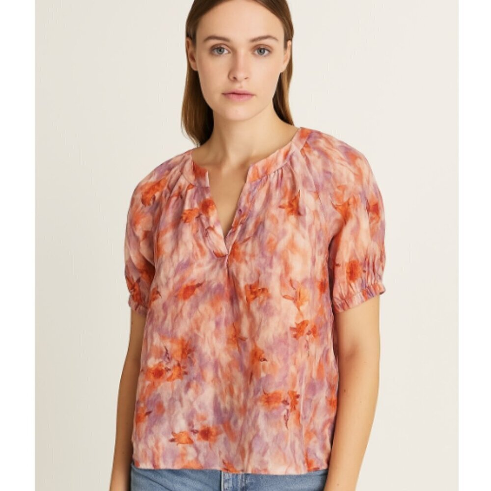 Melloday GUC women's watercolor print feminine puff sleeve split neck blouse S